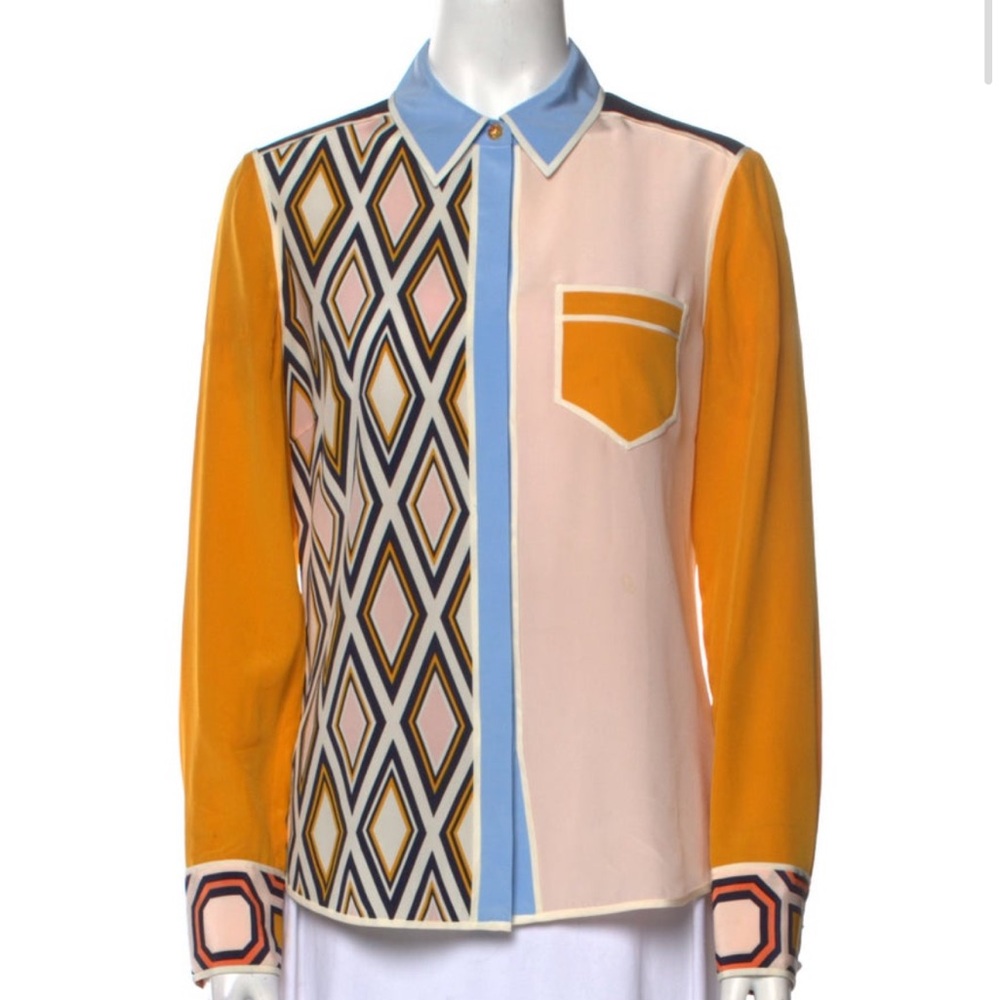 Tory Burch orange women’s blouse with button detail and grid print